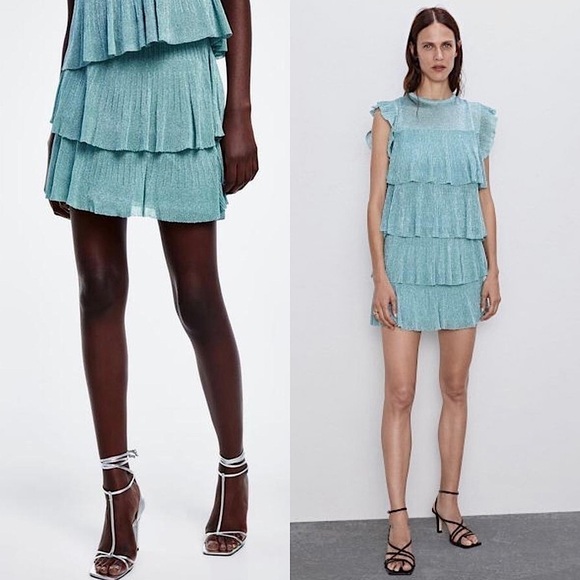 NWT ZARA 90s Pleated Tiered Ruffle Metallic Glitter Tulle Ballet Tennis Skirt M - Picture 1 of 8
